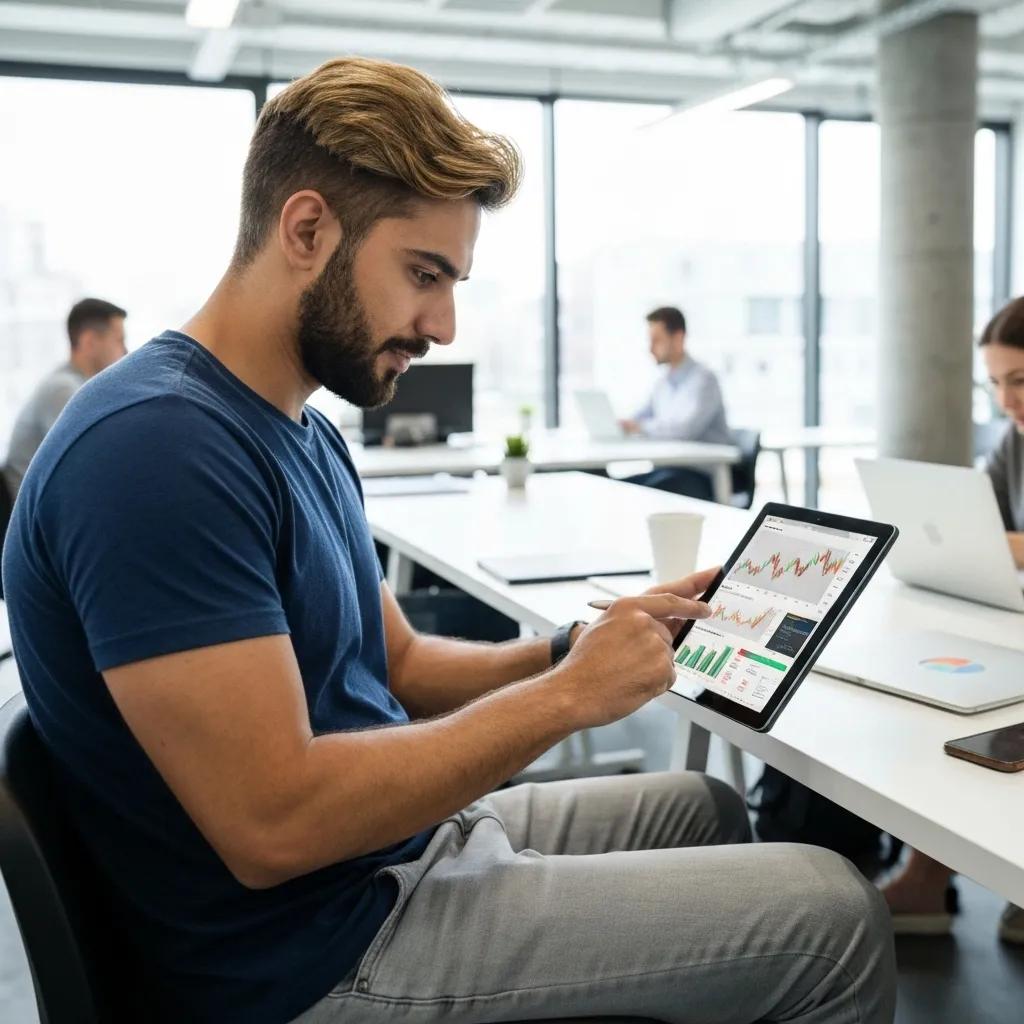 Persona analizando diferentes tipos de activos financieros en una tablet en un espacio de trabajo moderno