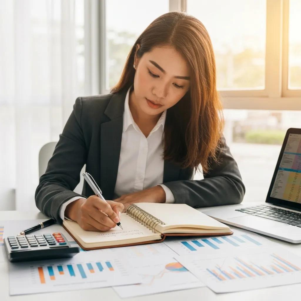 Persona escribiendo estrategias de inversión en un cuaderno con herramientas financieras alrededor