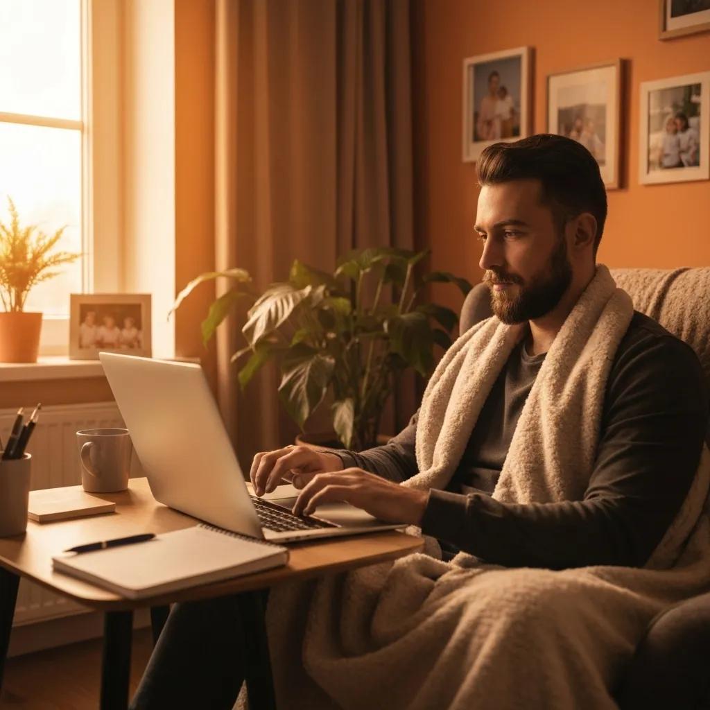 Individuo operando en una laptop en casa, rodeado de objetos personales, enfatizando estrategias de inversión efectivas