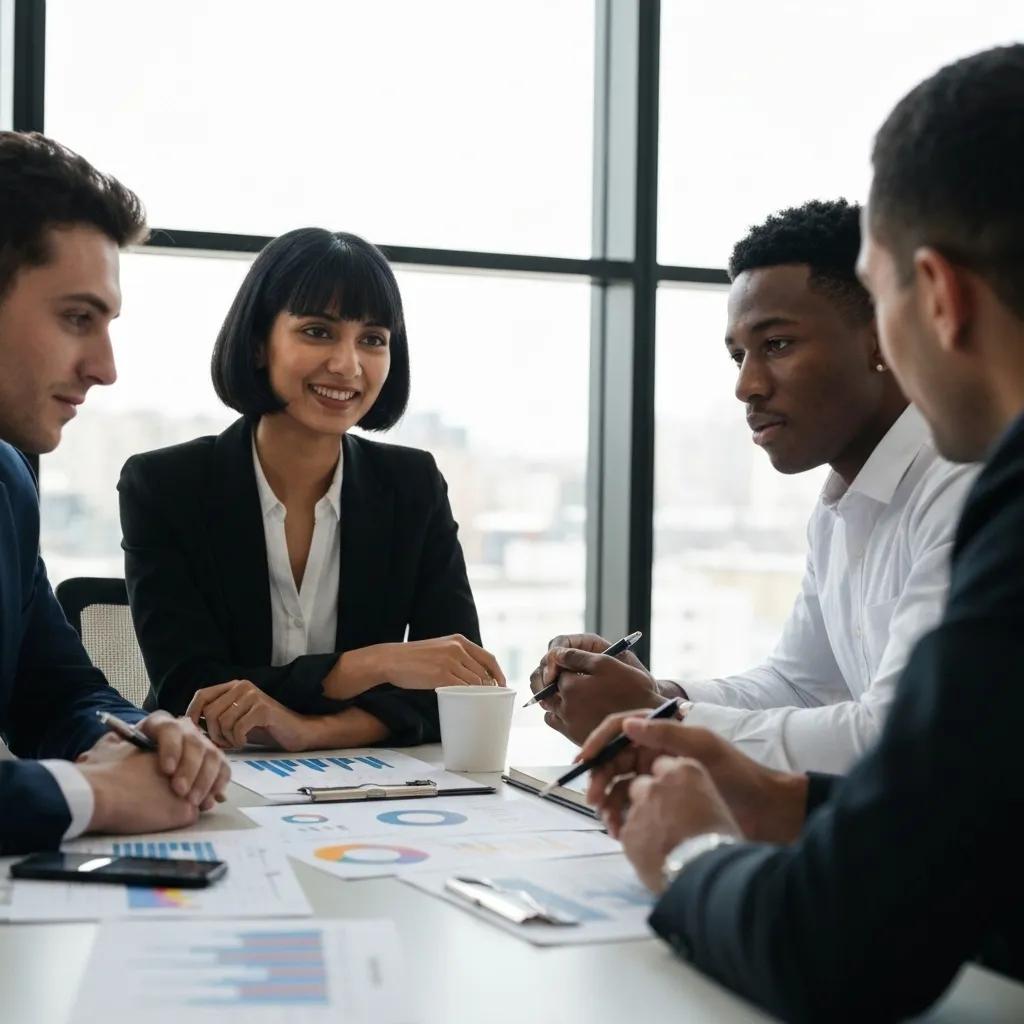 Grupo de personas discutiendo estrategias de inversión en una oficina moderna
