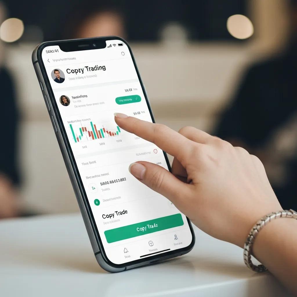 Primer plano de un smartphone mostrando una app de trading cripto con funciones de copy trading