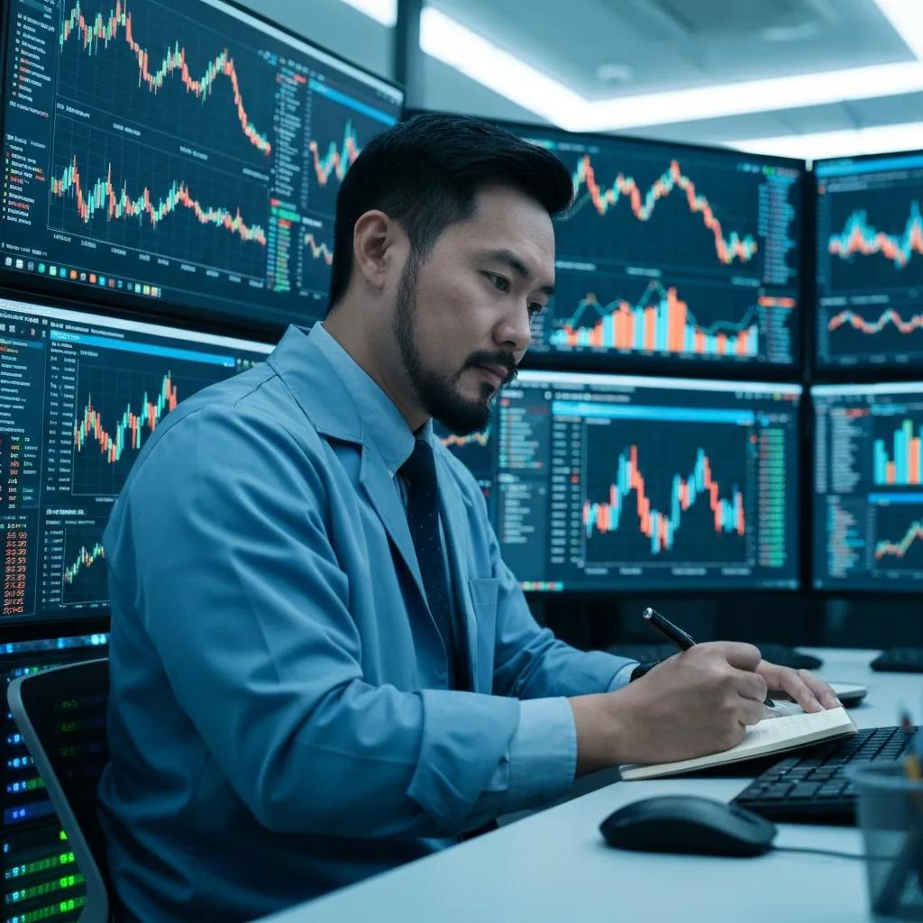 Trader analizando tendencias del mercado cripto en varias pantallas; enfoque en estrategias de futuros