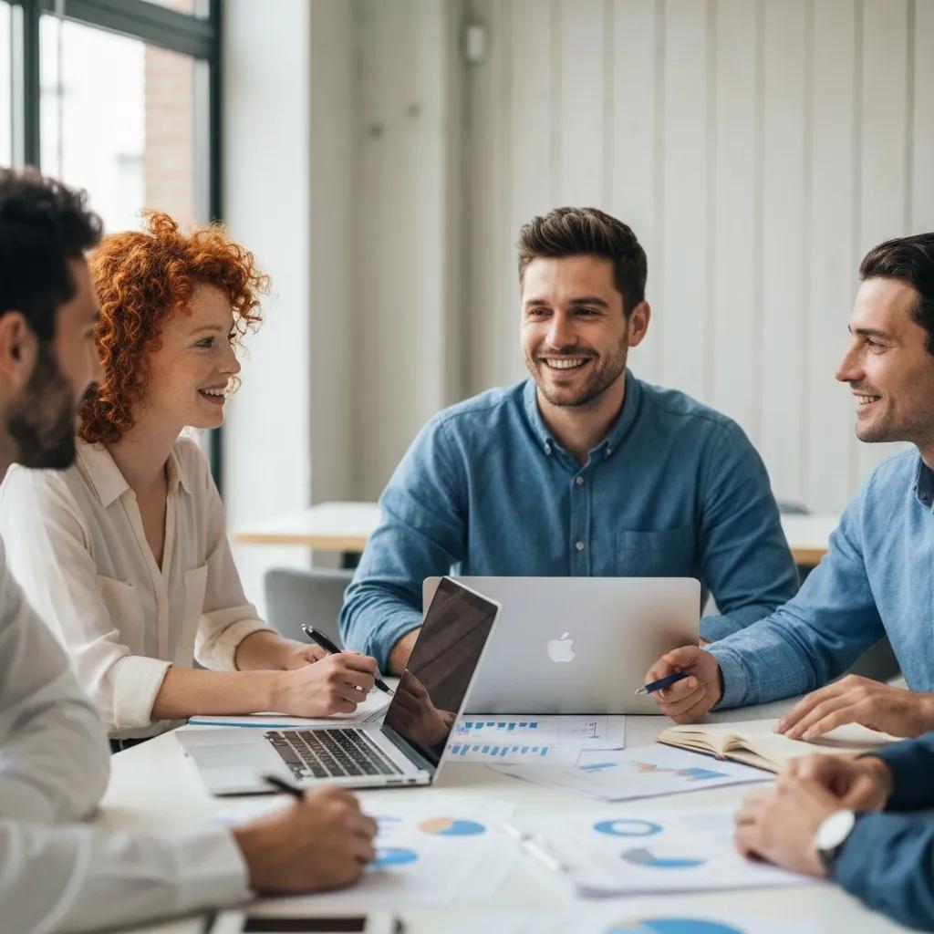 Grupo discutiendo estrategias de inversión en el IBEX 35; énfasis en colaboración y aprendizaje