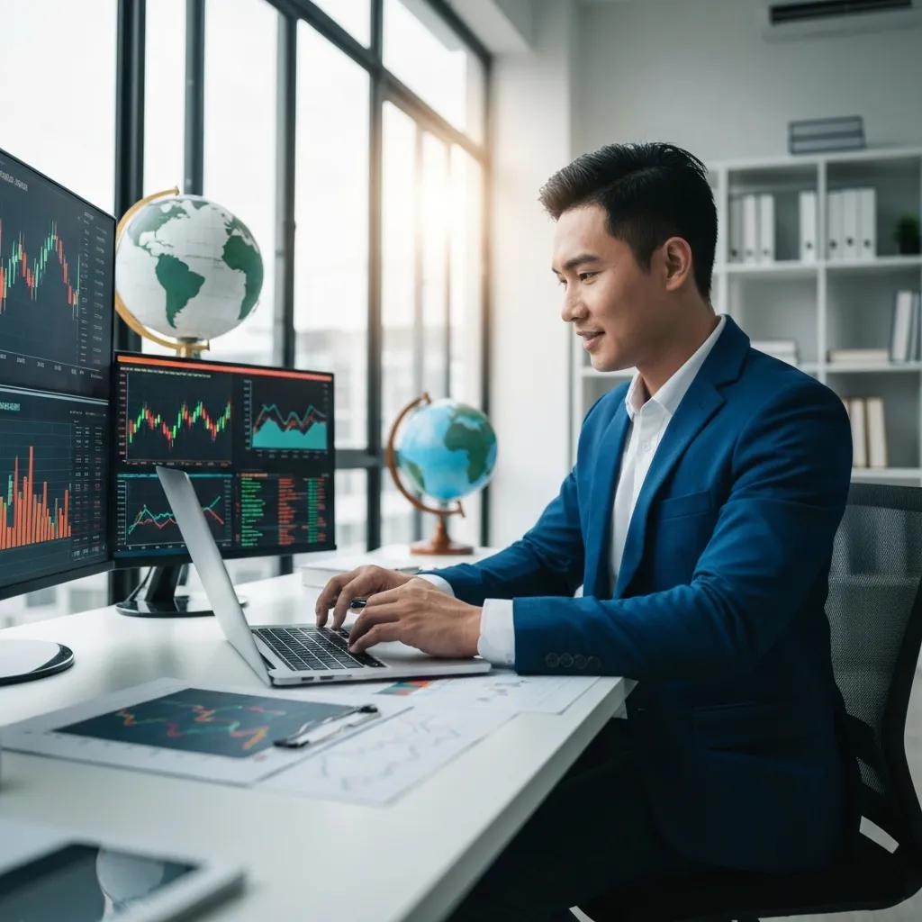 Persona analizando datos bursátiles en una laptop en un espacio de trabajo moderno