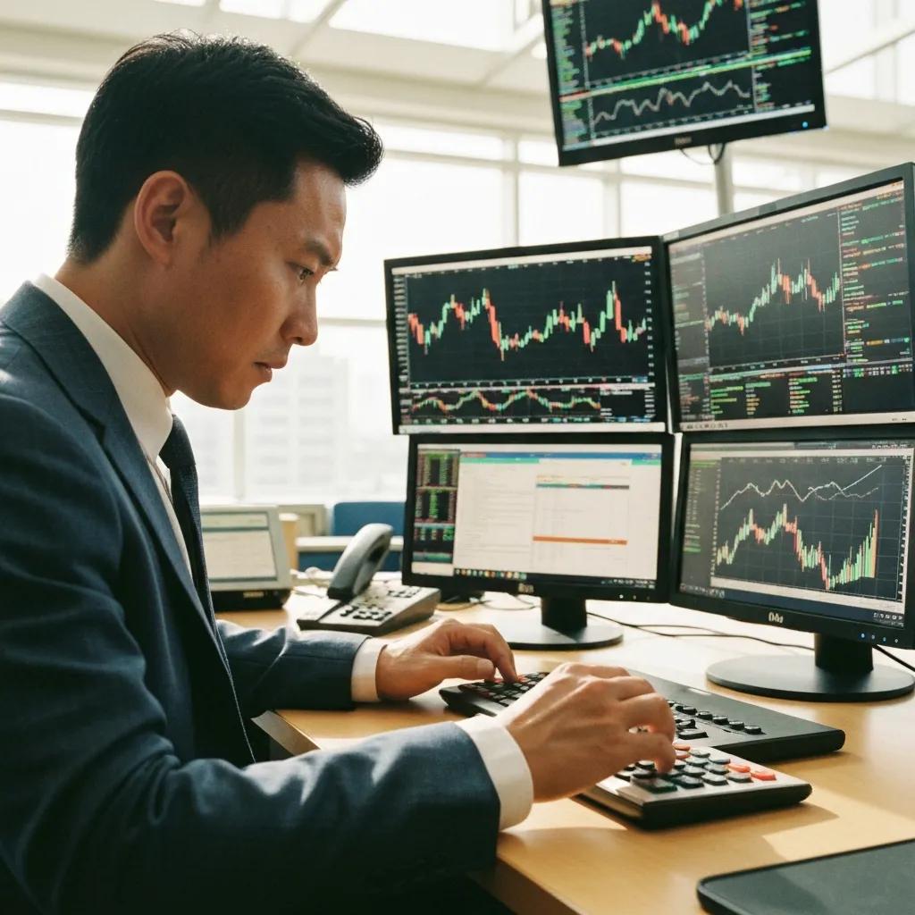 Trader frente a varias pantallas con gráficos y noticias del mercado