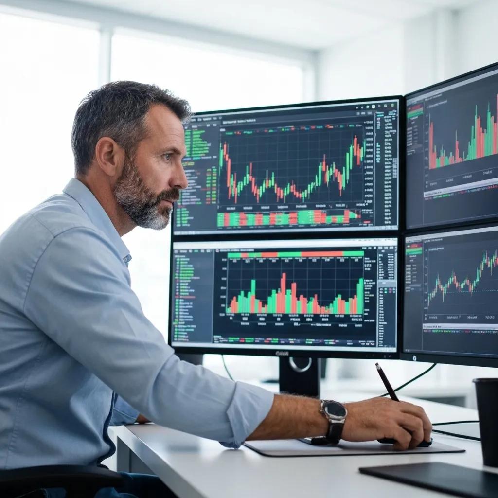 Inversionista operando activamente con múltiples pantallas mostrando datos del mercado