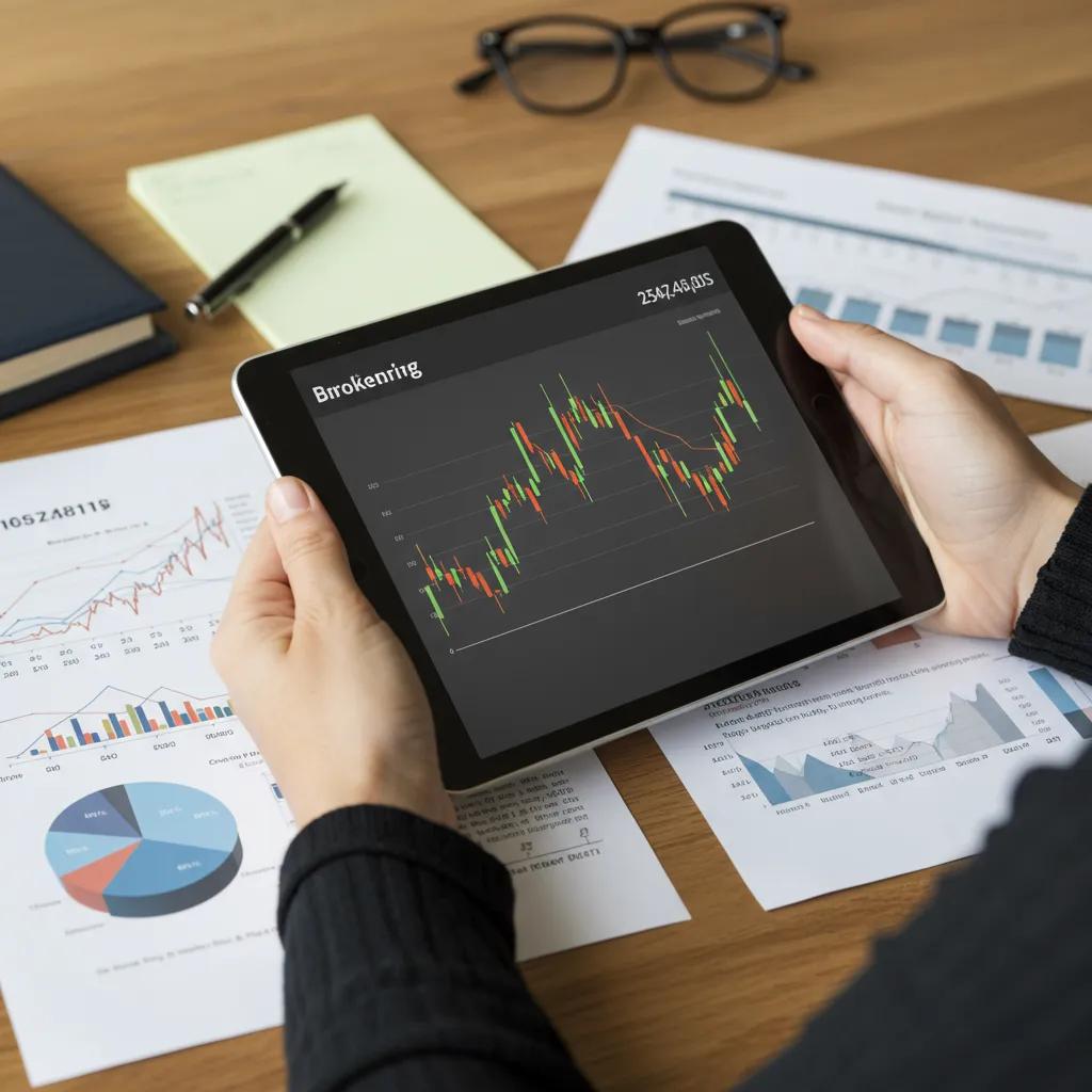 Individuo comparando plataformas de corretaje en una tablet, enfatizando factores importantes en la elección de un broker