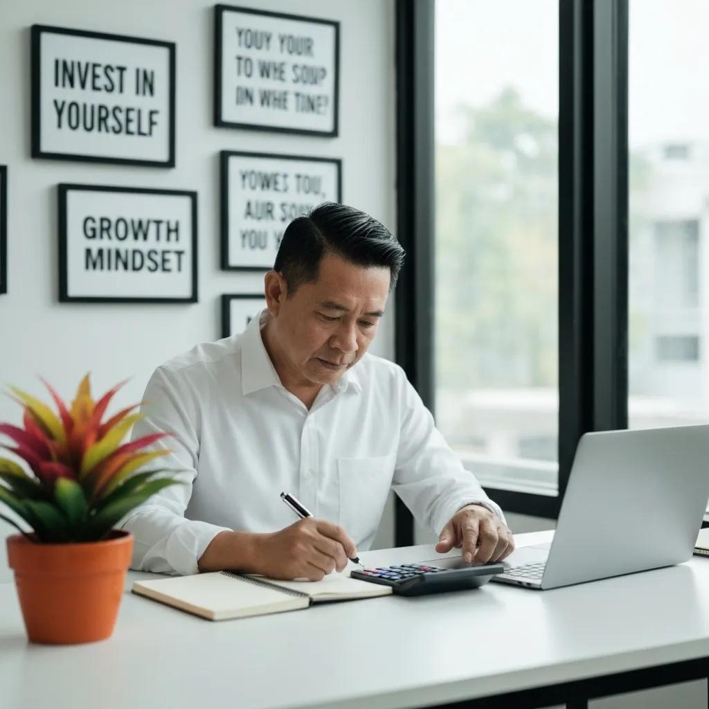 Individuo analizando estrategias de inversión con una calculadora y portátil, enfocado en maximizar el interés compuesto