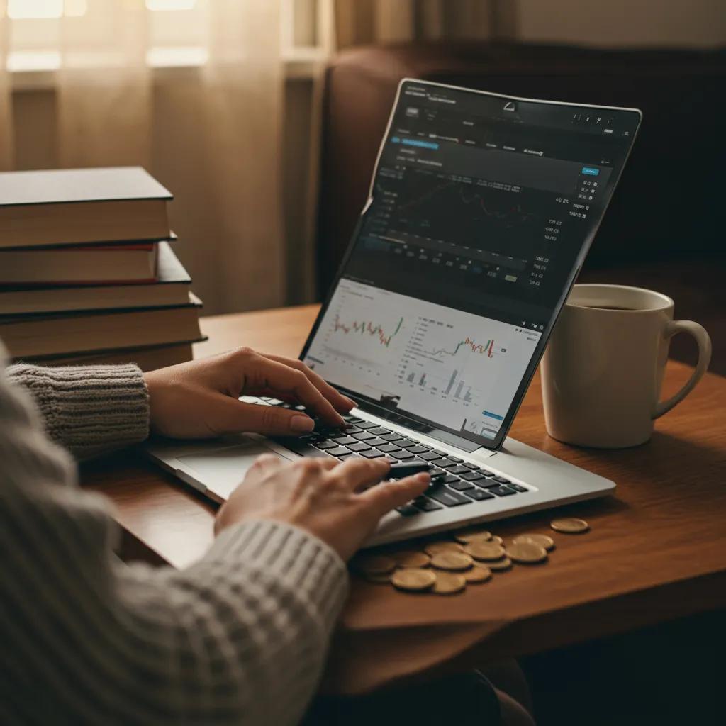 Un inversor principiante revisando datos del mercado bursátil en un entorno hogareño y confortable