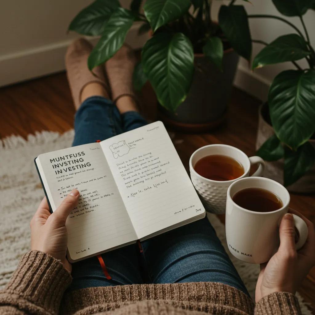 Una persona practicando mindfulness mientras invierte en un entorno sereno