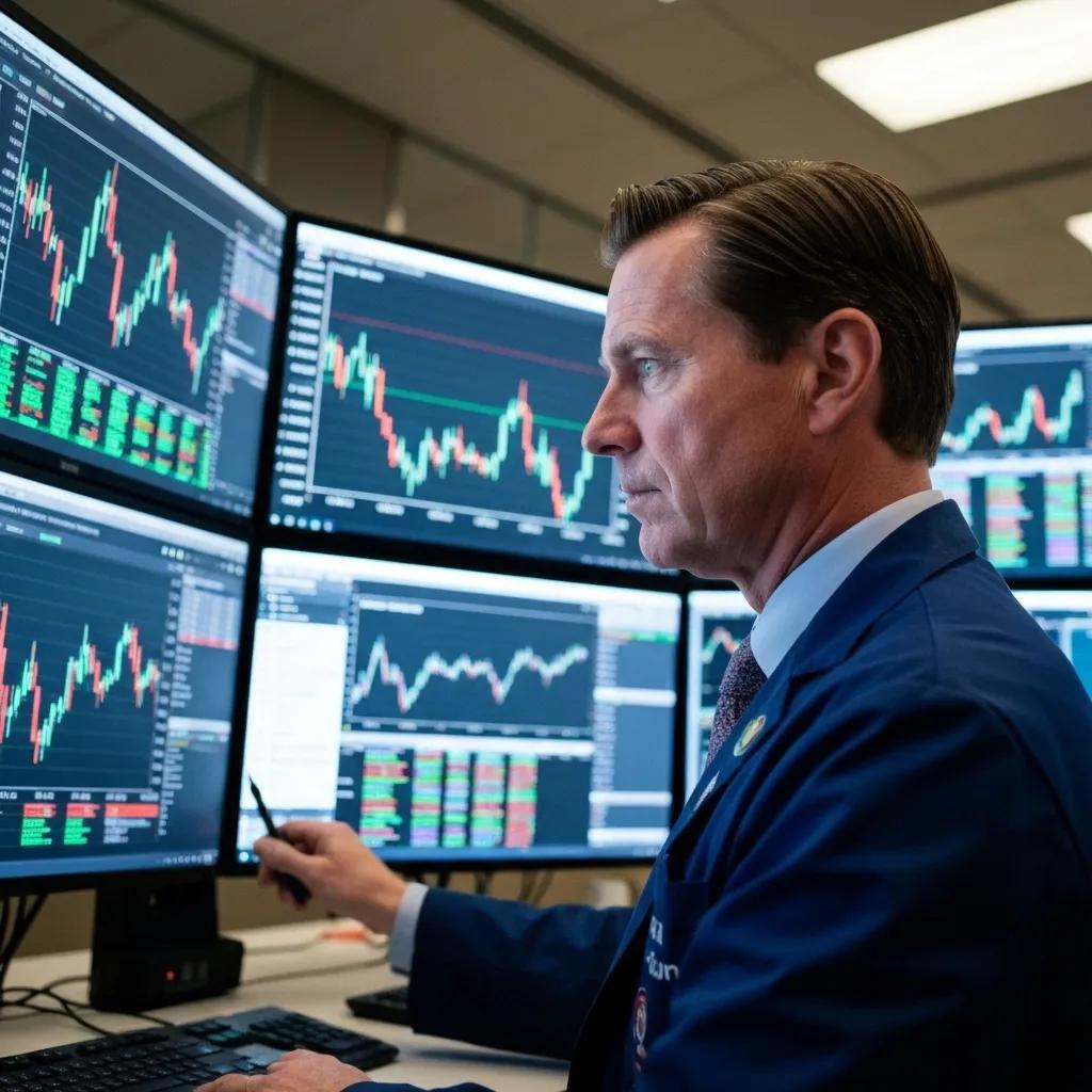 Trader analizando múltiples pantallas con gráficos de trading, destacando estrategias de day trading