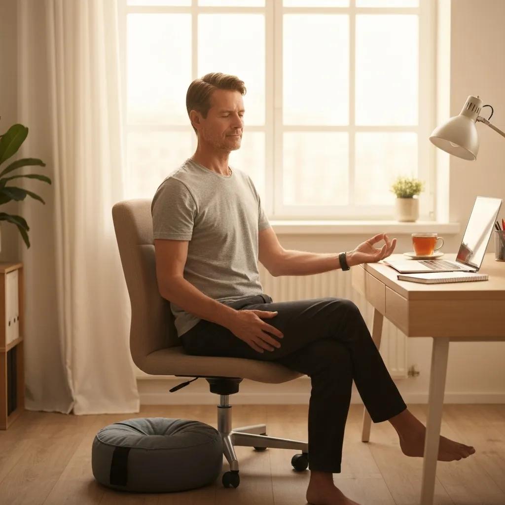 Trader practicando mindfulness en un escritorio, ilustrando el papel de la psicología en el day trading
