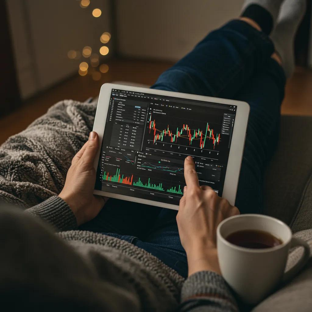 Persona analizando plataformas de trading en una tablet en un entorno hogareño acogedor, destacando el proceso de selección