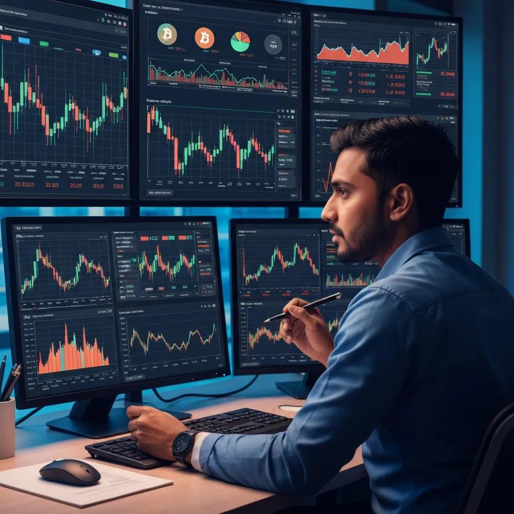 Operador analizando varias pantallas con estrategias de trading de criptomonedas