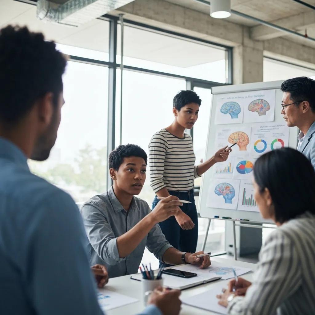 Grupo discutiendo estrategias de neurofinanzas, mostrando la colaboración entre neurociencia, psicología y economía