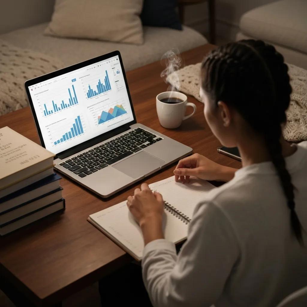 Persona estudiando estrategias de inversión en un escritorio acogedor con libros financieros y una laptop.