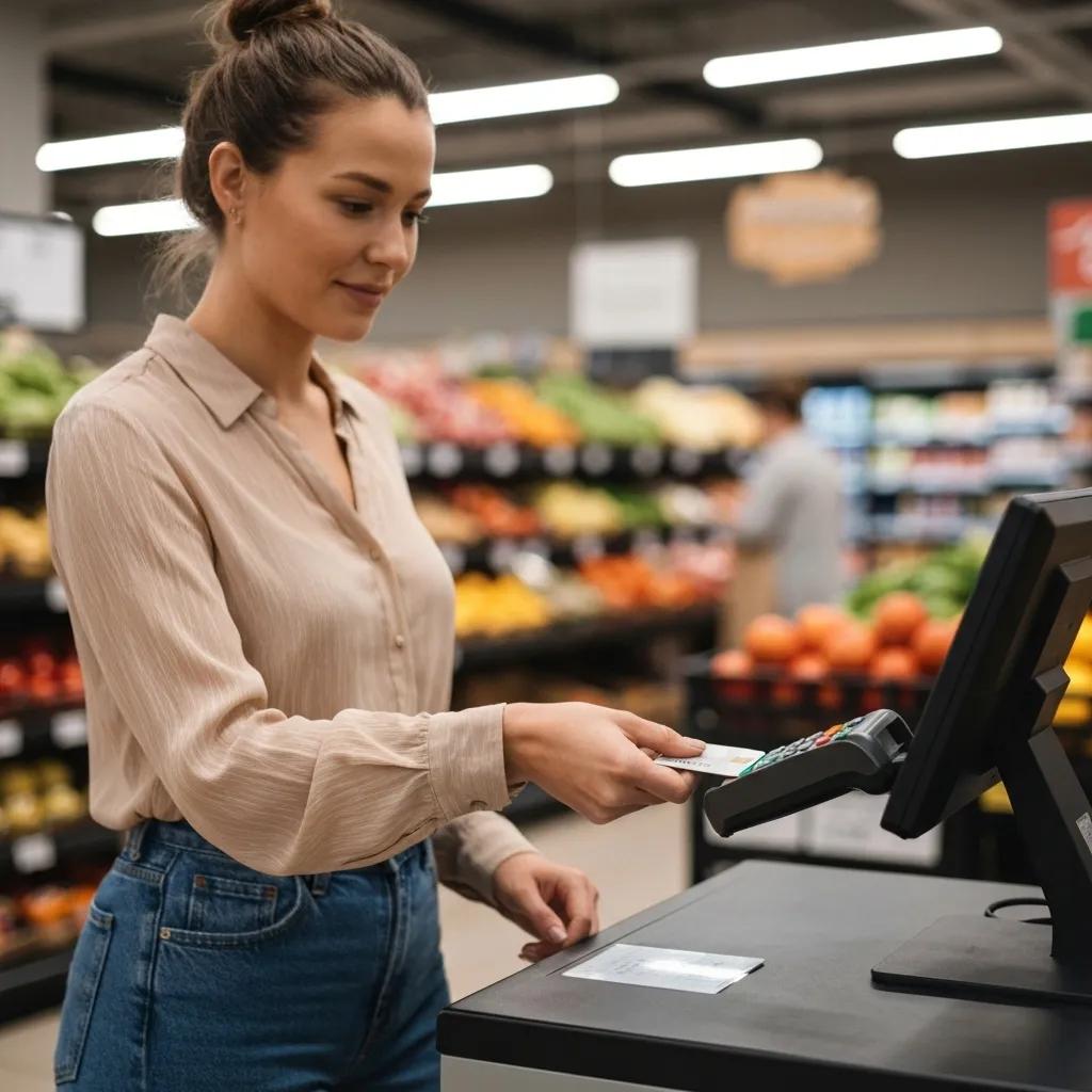 Persona utilizando una tarjeta de crédito en un terminal de punto de venta seguro, destacando la seguridad en las transacciones.