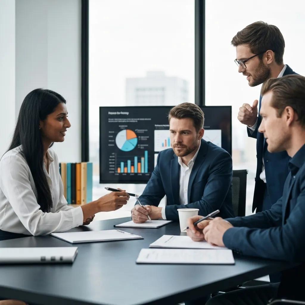 Diversos profesionales discutiendo estrategias de inversión inmobiliaria, enfatizando el trabajo en equipo en la gestión de riesgos