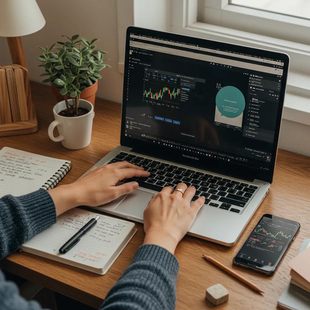 Beginner investor researching trading strategies at a cozy workspace with a laptop and notes