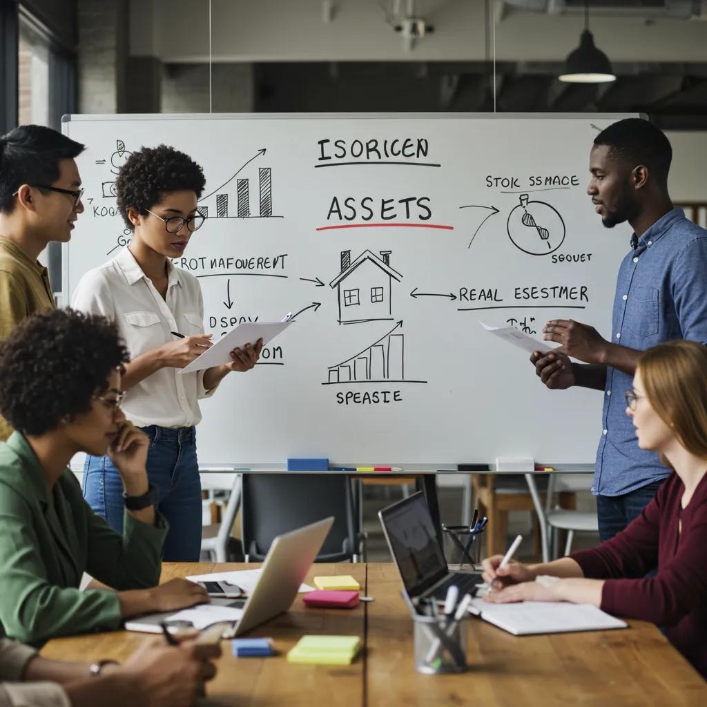 Group discussion on financial assets with a whiteboard illustrating different asset types