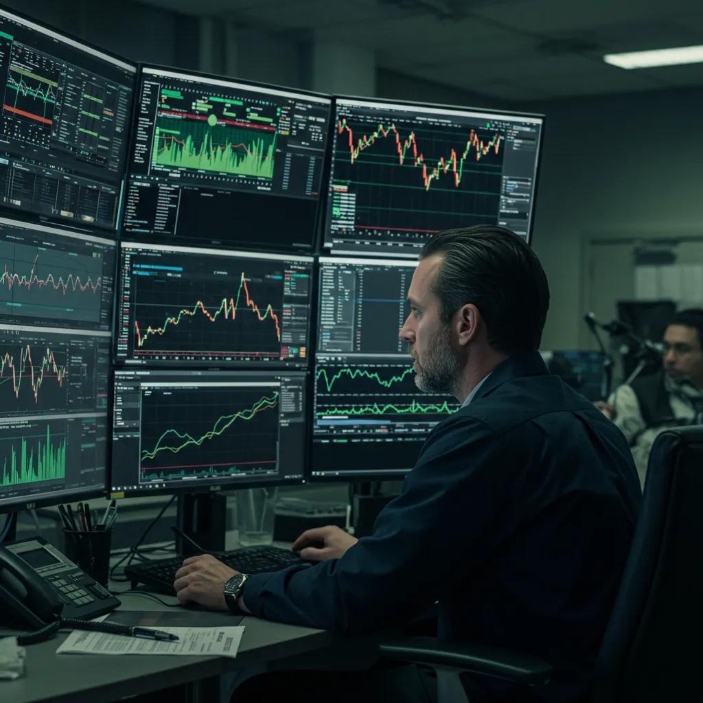 Trader avanzado analizando múltiples pantallas de datos de trading, destacando la complejidad de las técnicas de trading avanzadas