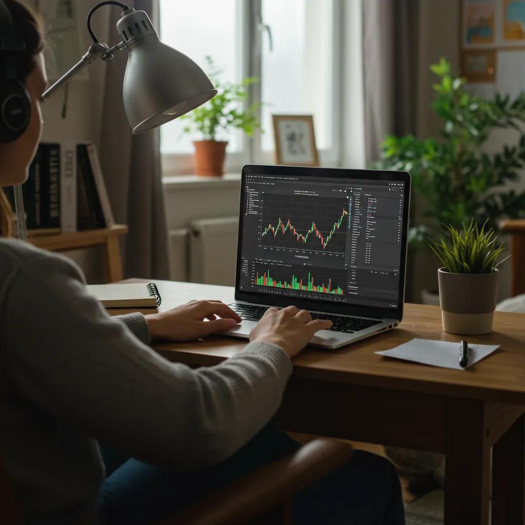 Trader principiante en casa, enfocado en aprender estrategias de trading con un portátil y un entorno acogedor