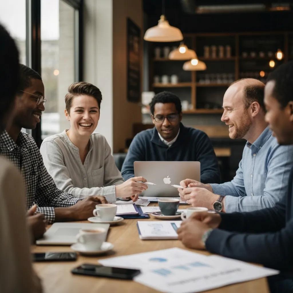 Grupo de personas discutiendo opciones financieras en un café, representando la financiación alternativa sin CIRBE