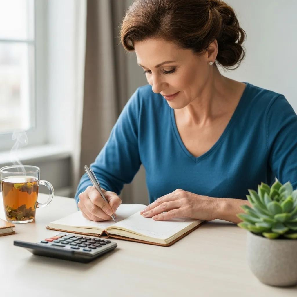 Persona elaborando un plan presupuestario con una calculadora y una taza de té, ilustrando el control financiero para evitar deudas