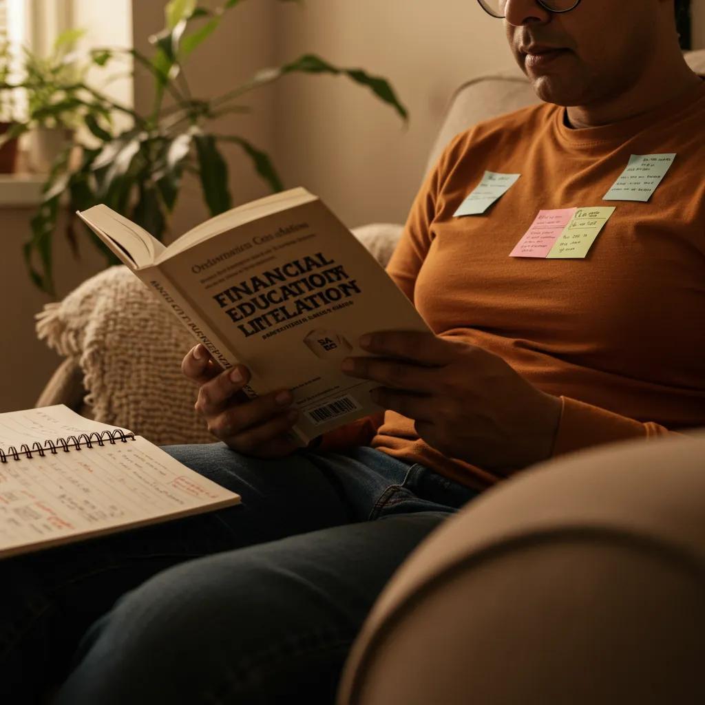 Latino individual reading a financial education book in a cozy living room