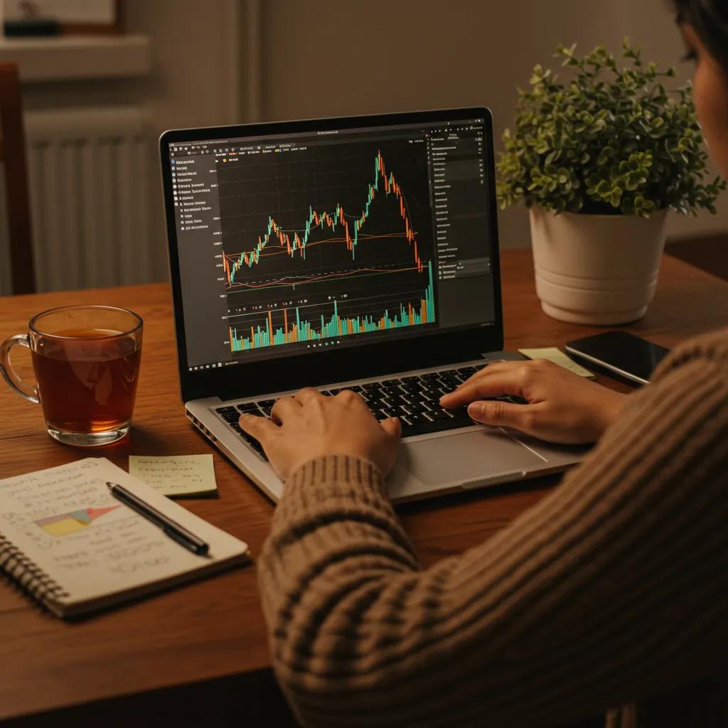 Latino person working on trading strategies at a cozy desk
