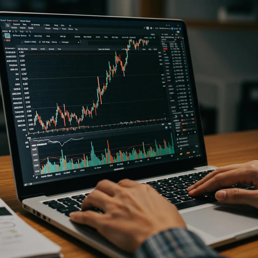 Trader analizando indicadores de trading en un portátil, centrándose en RSI y MACD para un day trading efectivo