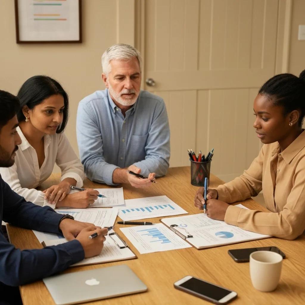 Grupo de personas discutiendo estrategias de inversión con documentos financieros