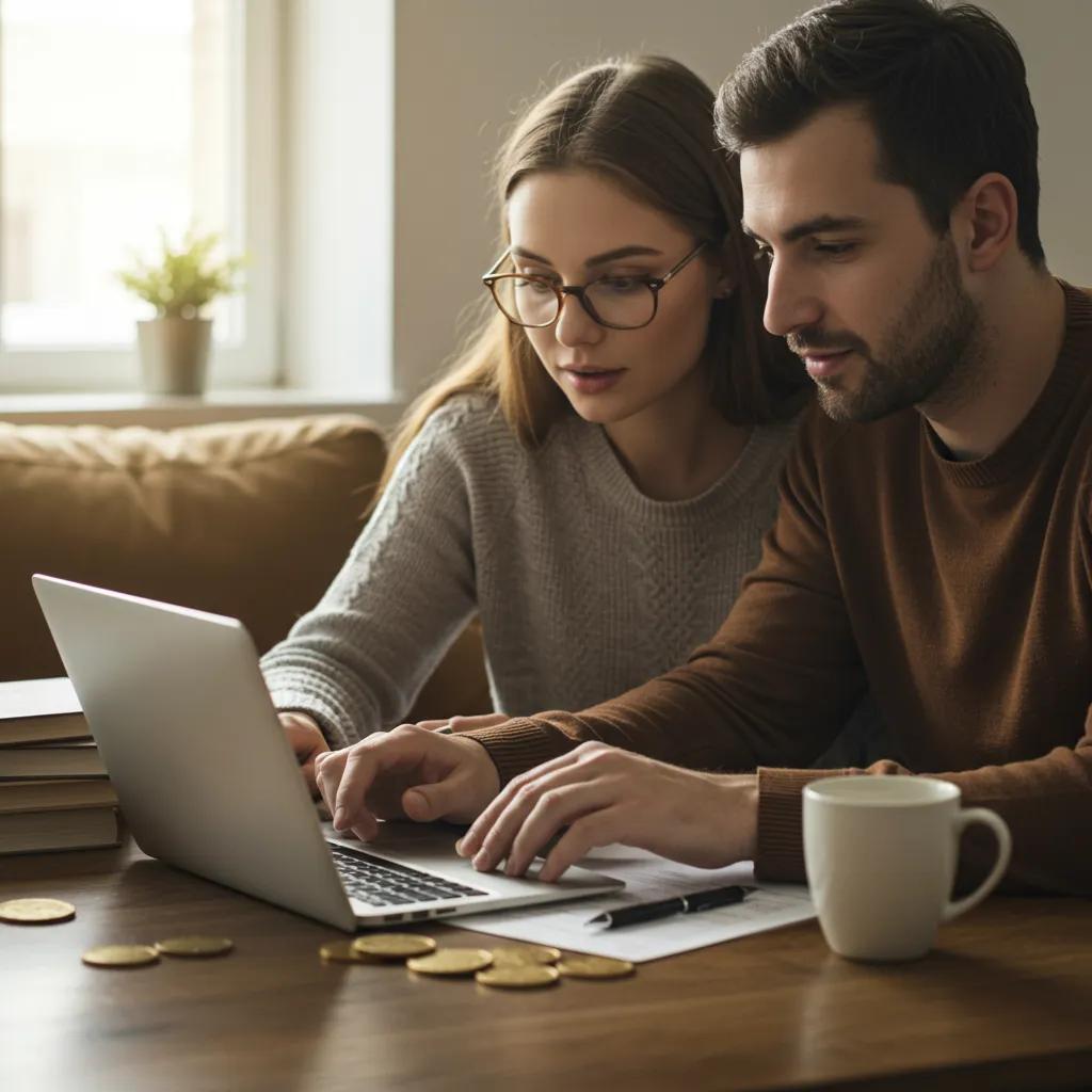 Pareja joven explorando opciones de inversión para principiantes en casa