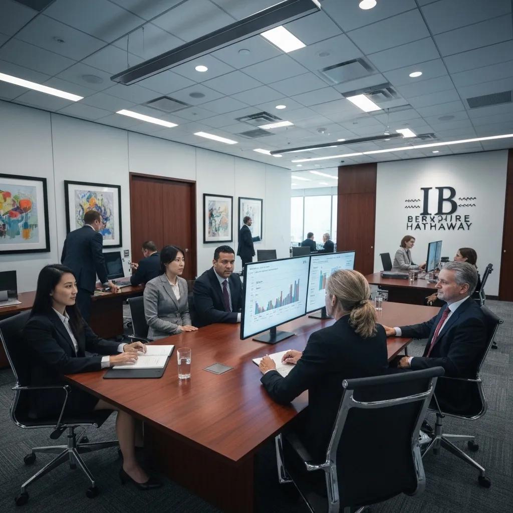 Entorno de oficina corporativa con la marca Berkshire Hathaway, ilustrando el crecimiento y la dirección estratégica de la empresa bajo Warren Buffett Entorno de oficina corporativa con la marca Berkshire Hathaway, ilustrando el crecimiento y la dirección estratégica de la empresa bajo Warren Buffett