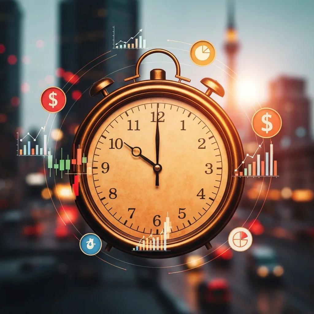 Reloj rodeado de símbolos financieros que ilustra los horarios de negociación del Mercado Continuo