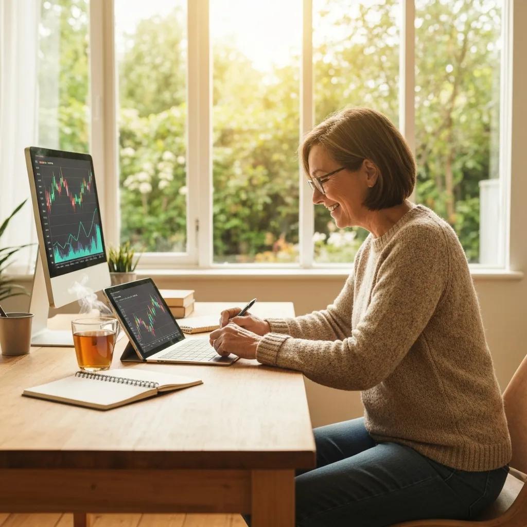 Persona analizando gráficas en una tablet, destacando estrategias efectivas de trading en un espacio cómodo