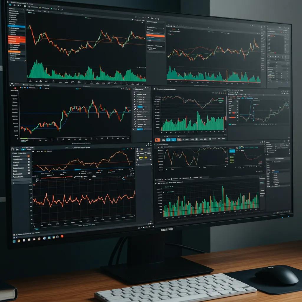 Modern workspace with a computer screen showing trading platforms and colorful charts, highlighting trading technology
