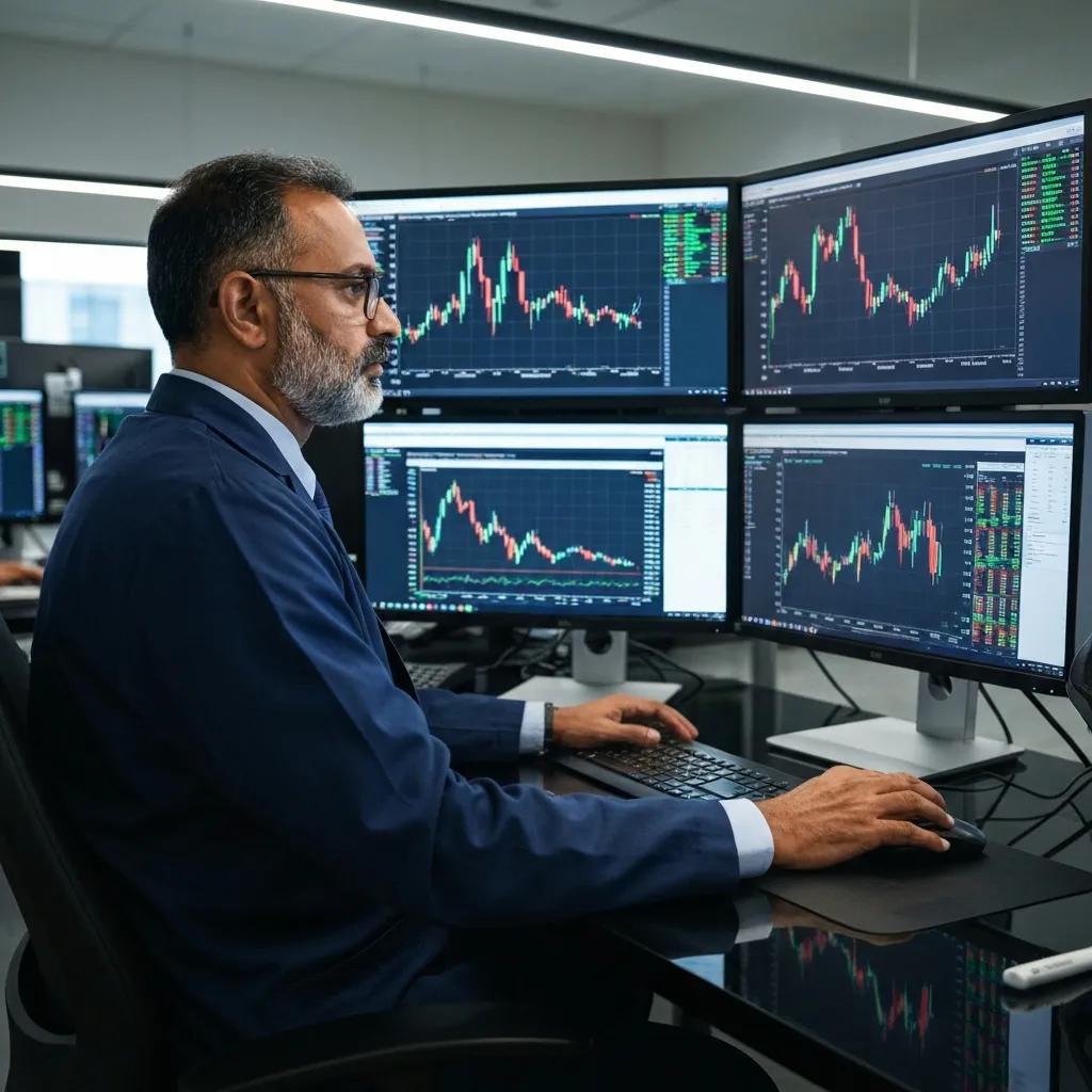 Trader analizando datos del mercado bursátil en un puesto de trabajo moderno con varias pantallas