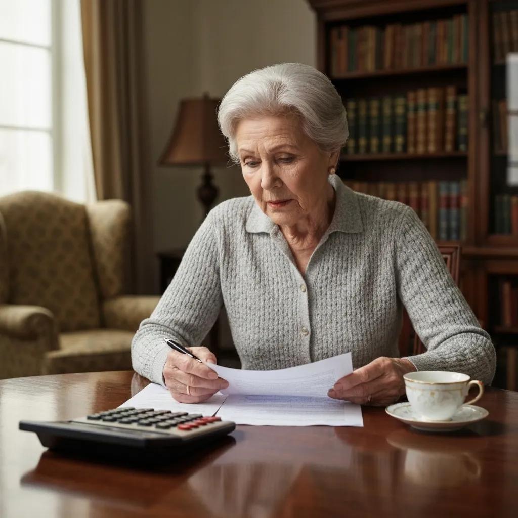 Persona mayor revisando documentos financieros con expresión de preocupación, resaltando los riesgos de las hipotecas inversas