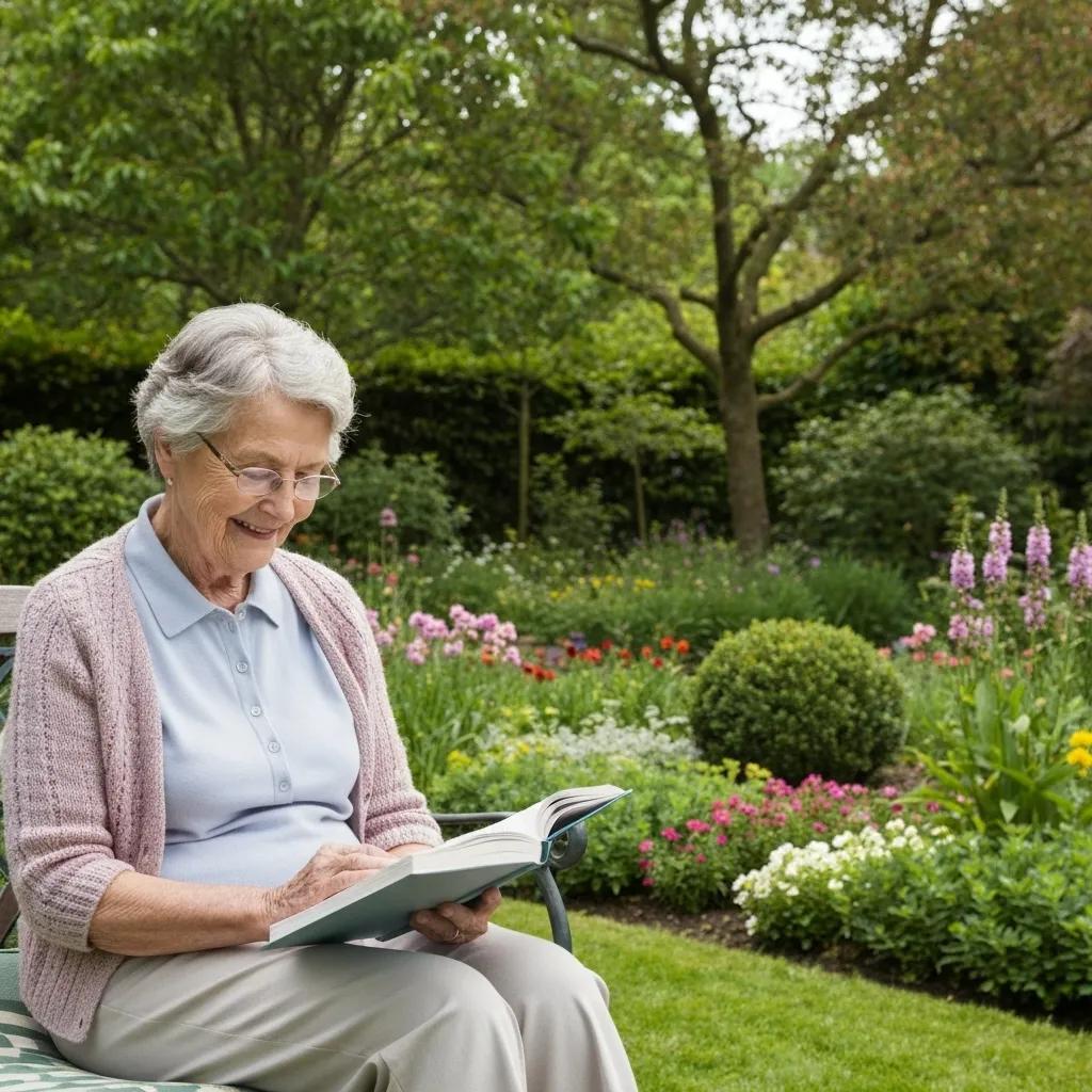 Persona mayor leyendo un libro en un jardín frondoso, representando la exploración de alternativas financieras