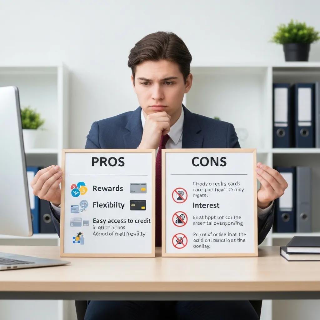Imagen que representa a una persona sopesando los pros y contras del uso de tarjetas de crédito, enfatizando la toma de decisiones financieras informadas