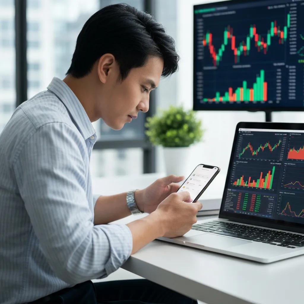Persona usando una app de trading en el móvil, ilustrando herramientas modernas de inversión