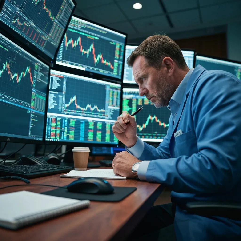 Trader en escritorio con varias pantallas mostrando datos de mercado y estrategias de trading