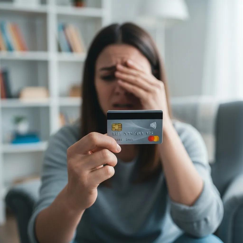 Persona sosteniendo una tarjeta de crédito con expresión de preocupación, destacando los riesgos de la deuda de tarjetas de crédito
