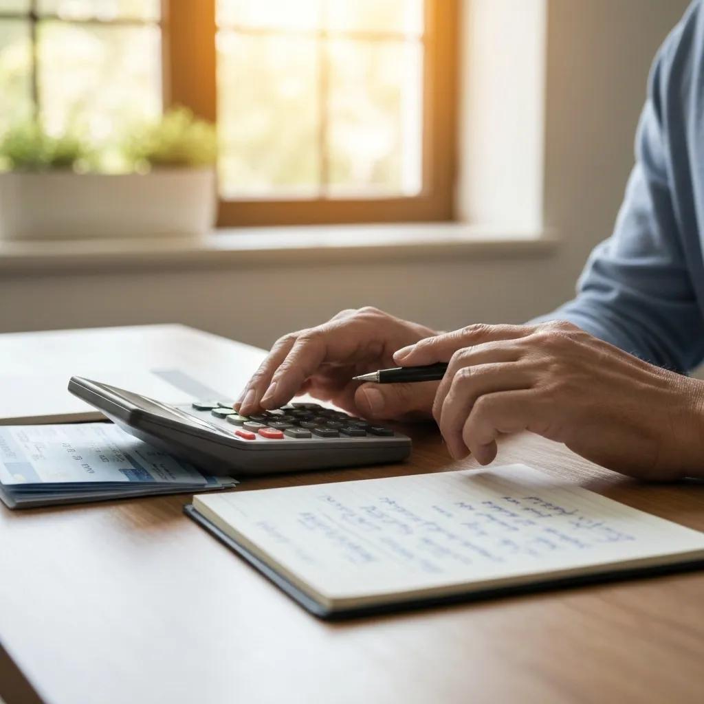 Manos calculando finanzas con una calculadora y estados de cuenta de tarjetas de crédito, ilustrando los componentes del pago