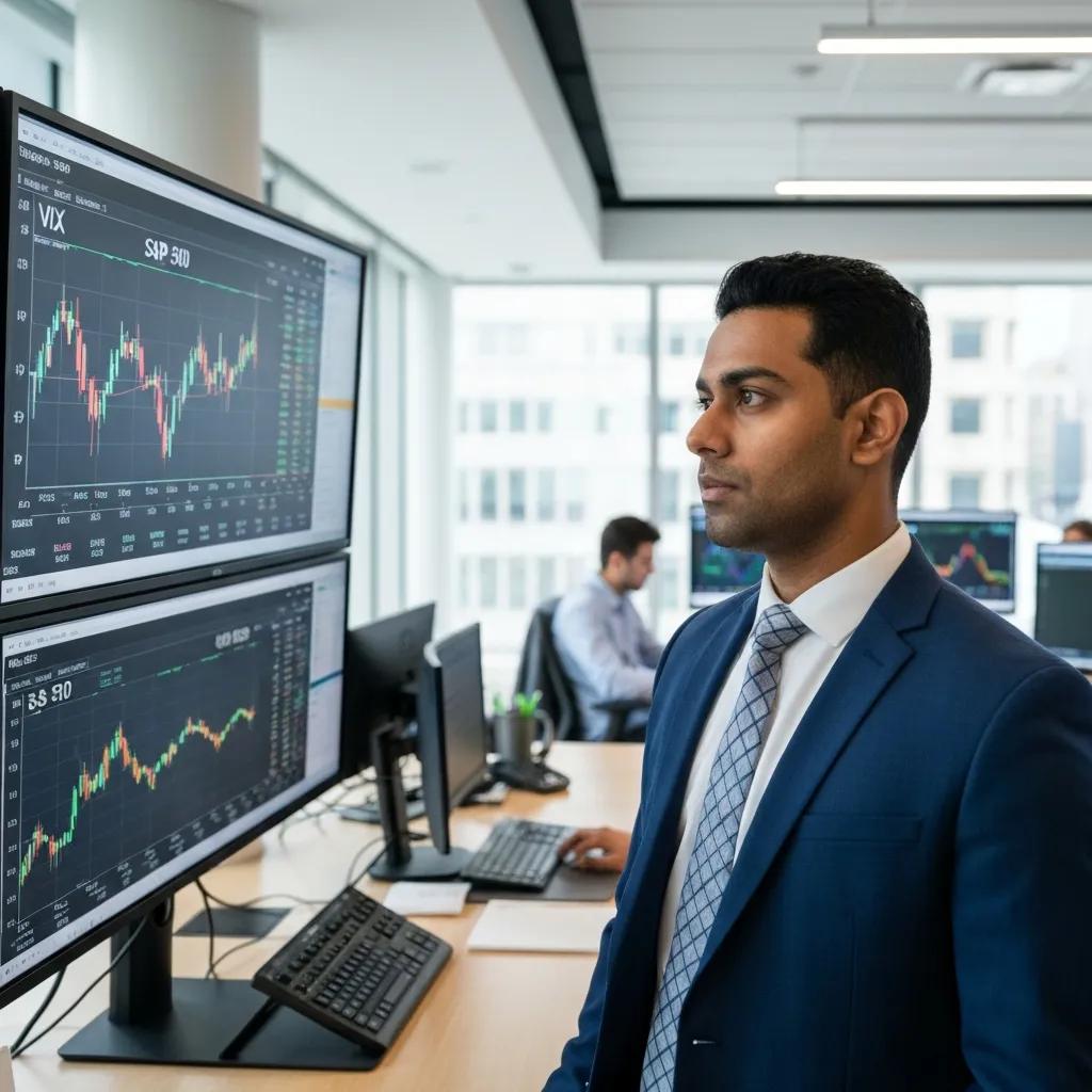 Trader analizando datos del mercado en una pantalla grande — relación entre VIX y S&P 500