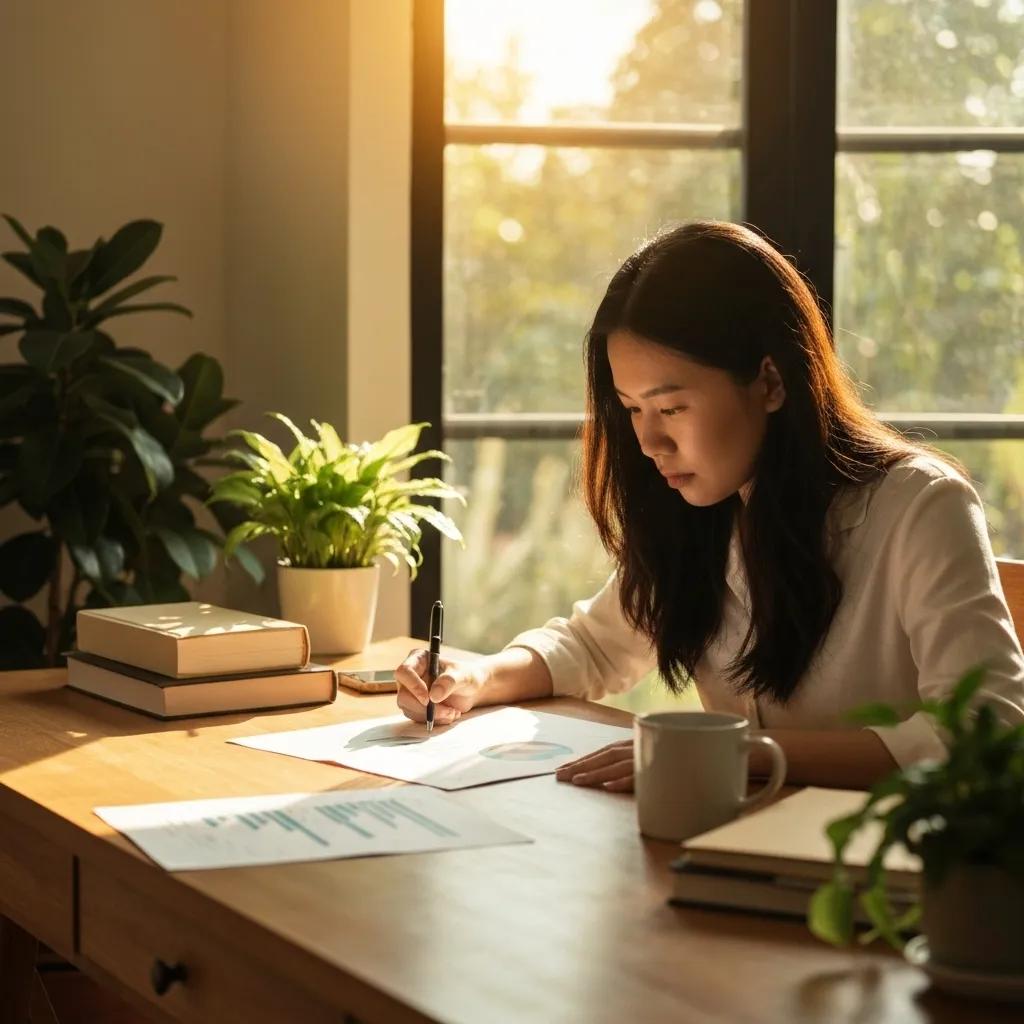 Cozy workspace with a person analyzing financial documents, emphasizing comfort and focus in financial analysis