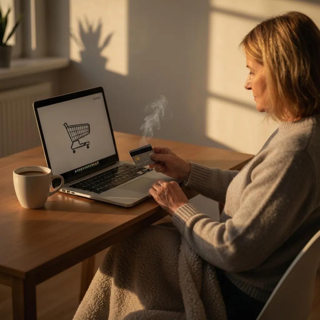 Cozy home setting with a person using a credit card for online shopping, emphasizing financial empowerment