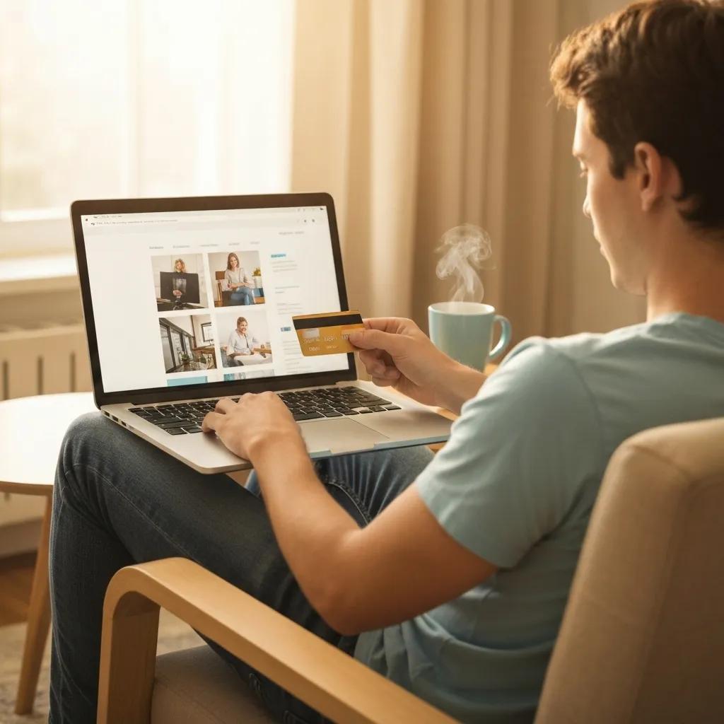 Cozy home setting with a person using a credit card for online shopping, emphasizing financial engagement