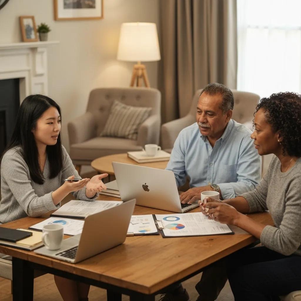 Diverse group discussing financial strategies in a cozy setting